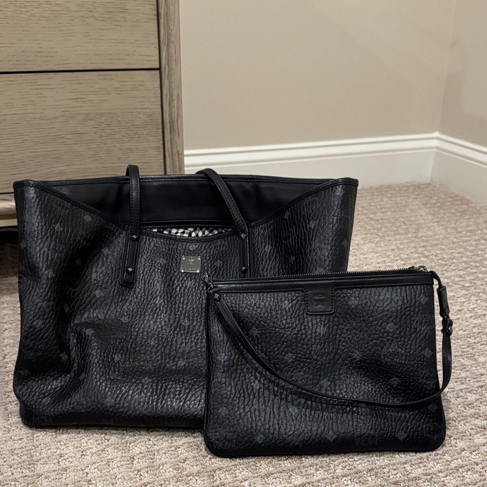 MCM Black Textured Tote and Pouch